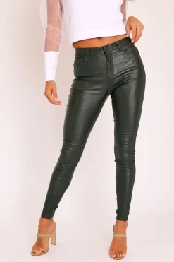 Rebellious Fashion Khaki PU Coated Skinny Jeans - Rachell