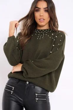Rebellious Fashion Khaki Puff Sleeve Pearl Chunky Knit Jumper - Nancie