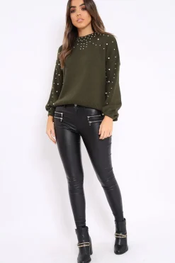 Rebellious Fashion Khaki Puff Sleeve Pearl Chunky Knit Jumper - Nancie