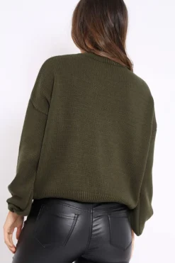 Rebellious Fashion Khaki Puff Sleeve Pearl Chunky Knit Jumper - Nancie