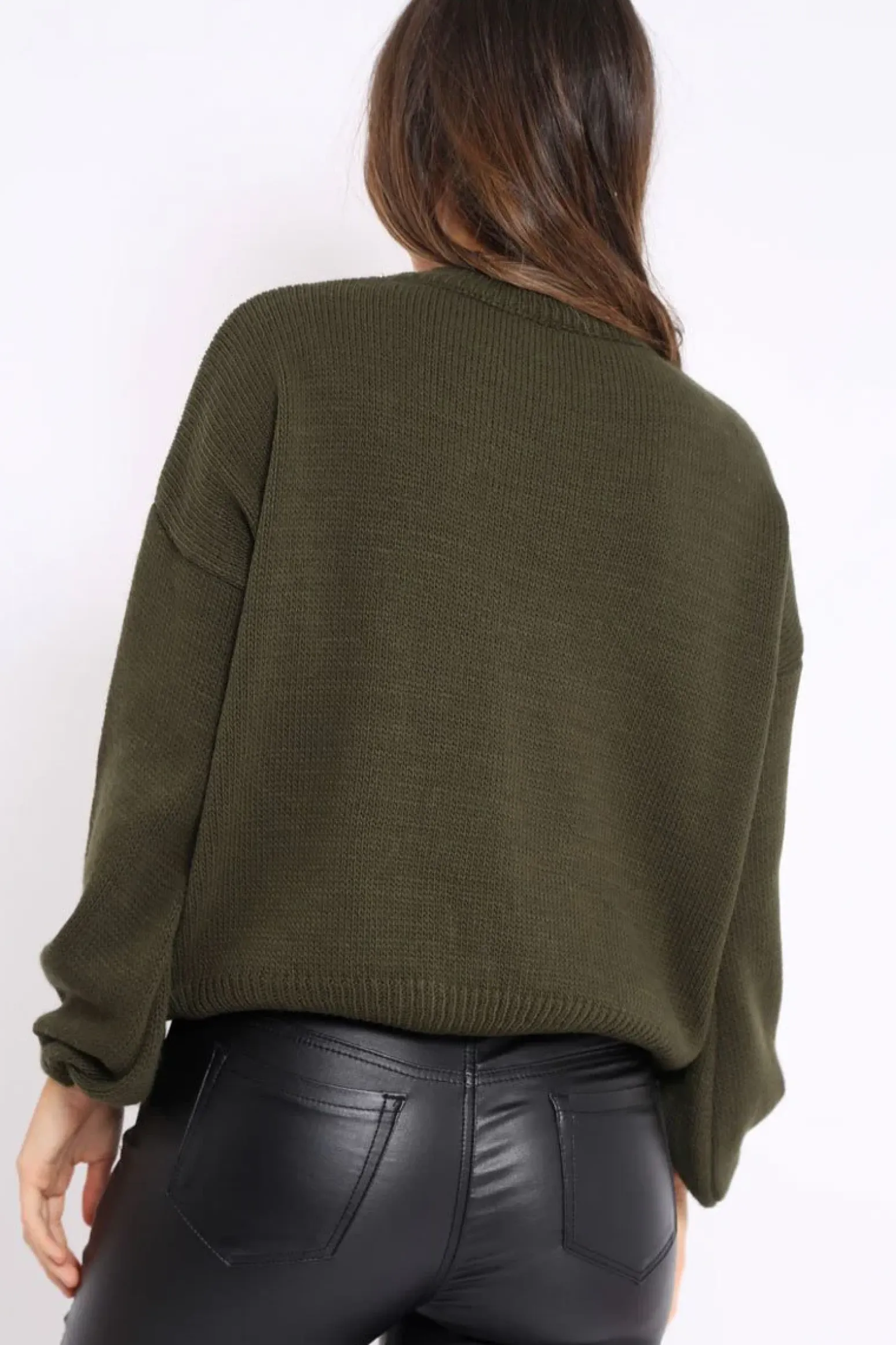 Rebellious Fashion Khaki Puff Sleeve Pearl Chunky Knit Jumper - Nancie