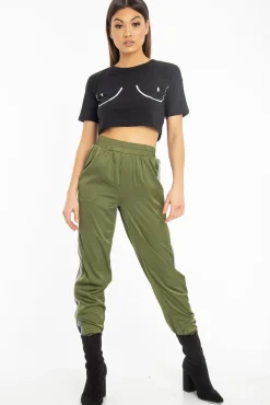 Rebellious Fashion Khaki Reflective Stripe Detail Joggers - Rosealee