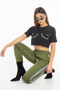 Rebellious Fashion Khaki Reflective Stripe Detail Joggers - Rosealee