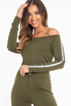Rebellious Fashion Khaki Reflective Stripe Side Bardot Crop Top - Reece