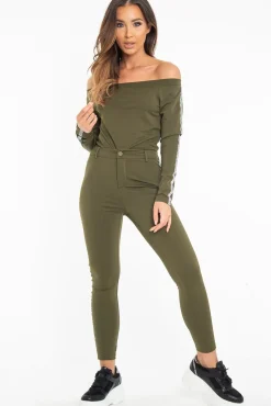 Rebellious Fashion Khaki Reflective Stripe Side Bardot Crop Top - Reece