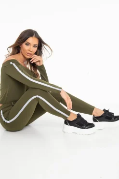 Rebellious Fashion Khaki Reflective Stripe Side Bardot Crop Top - Reece