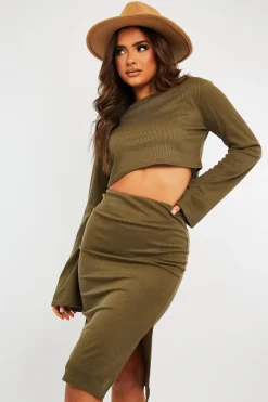 Rebellious Fashion Khaki Rib Batwing Crop Top Skirt Co-ord - Eyla