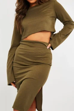 Rebellious Fashion Khaki Rib Batwing Crop Top Skirt Co-ord - Eyla