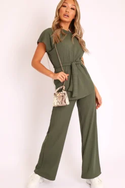 Rebellious Fashion Khaki Ribbed Belted Top and Wide Leg Trouser Co-ord - Tyla