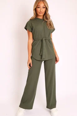 Rebellious Fashion Khaki Ribbed Belted Top and Wide Leg Trouser Co-ord - Tyla