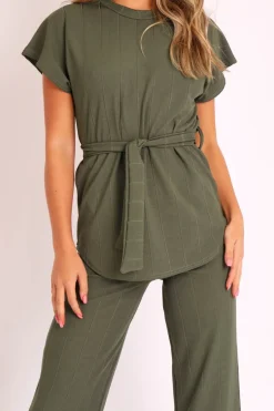 Rebellious Fashion Khaki Ribbed Belted Top and Wide Leg Trouser Co-ord - Tyla