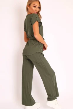 Rebellious Fashion Khaki Ribbed Belted Top and Wide Leg Trouser Co-ord - Tyla