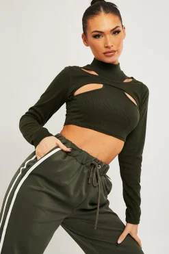 Rebellious Fashion Khaki Ribbed Double Cut Out Crop Top - Graci