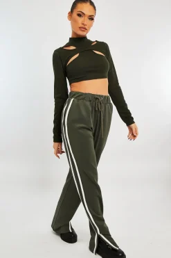 Rebellious Fashion Khaki Ribbed Double Cut Out Crop Top - Graci
