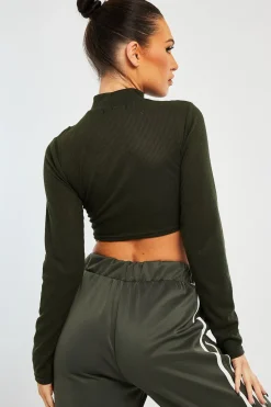 Rebellious Fashion Khaki Ribbed Double Cut Out Crop Top - Graci
