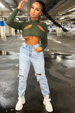 Rebellious Fashion Khaki Ribbed Double Cut Out Crop Top - Graci