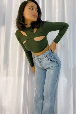 Rebellious Fashion Khaki Ribbed Double Cut Out Crop Top - Graci