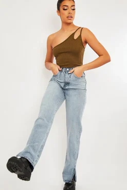 Rebellious Fashion Khaki Ribbed Double Strap One Shoulder Bodysuit - Lavia