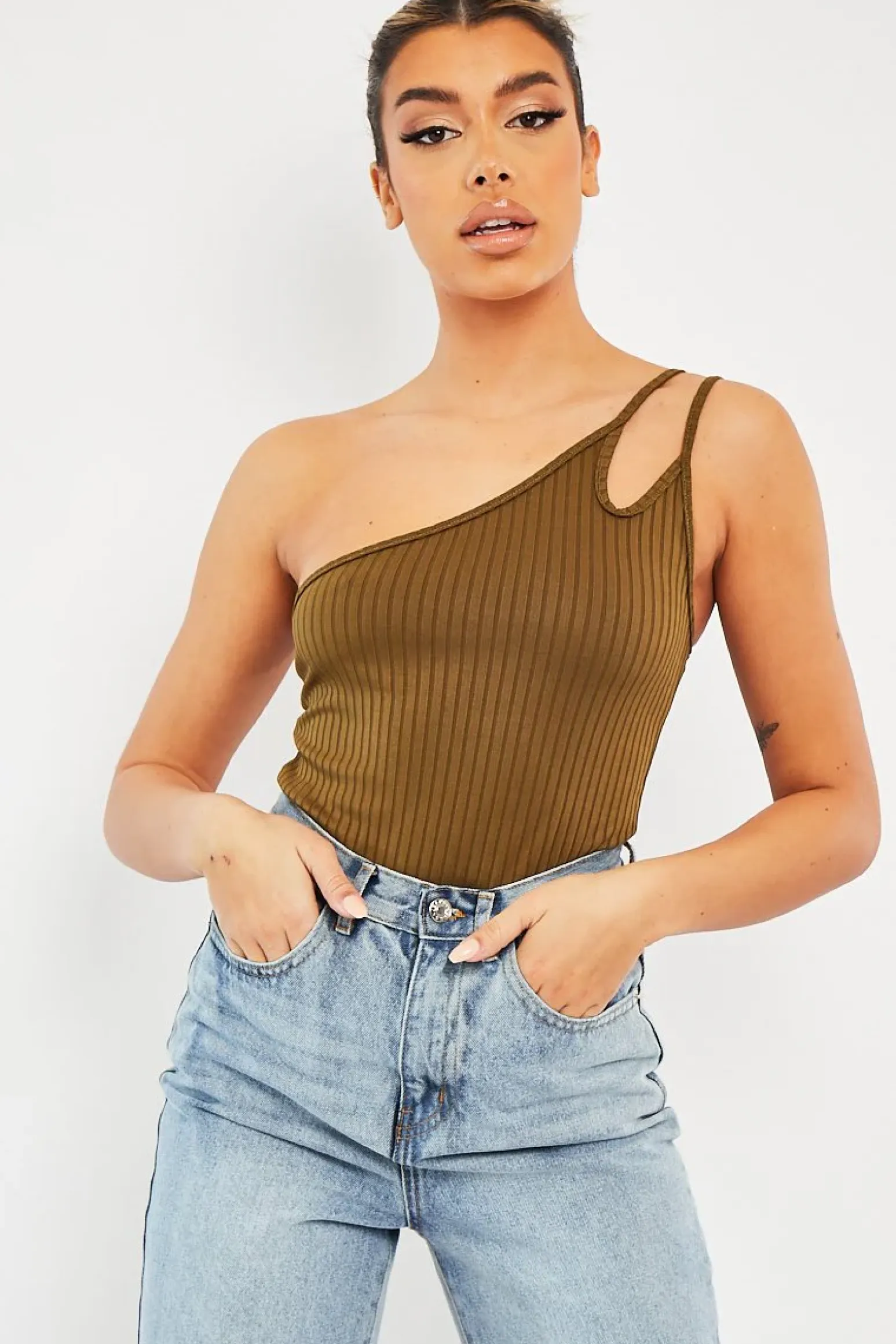 Rebellious Fashion Khaki Ribbed Double Strap One Shoulder Bodysuit - Lavia
