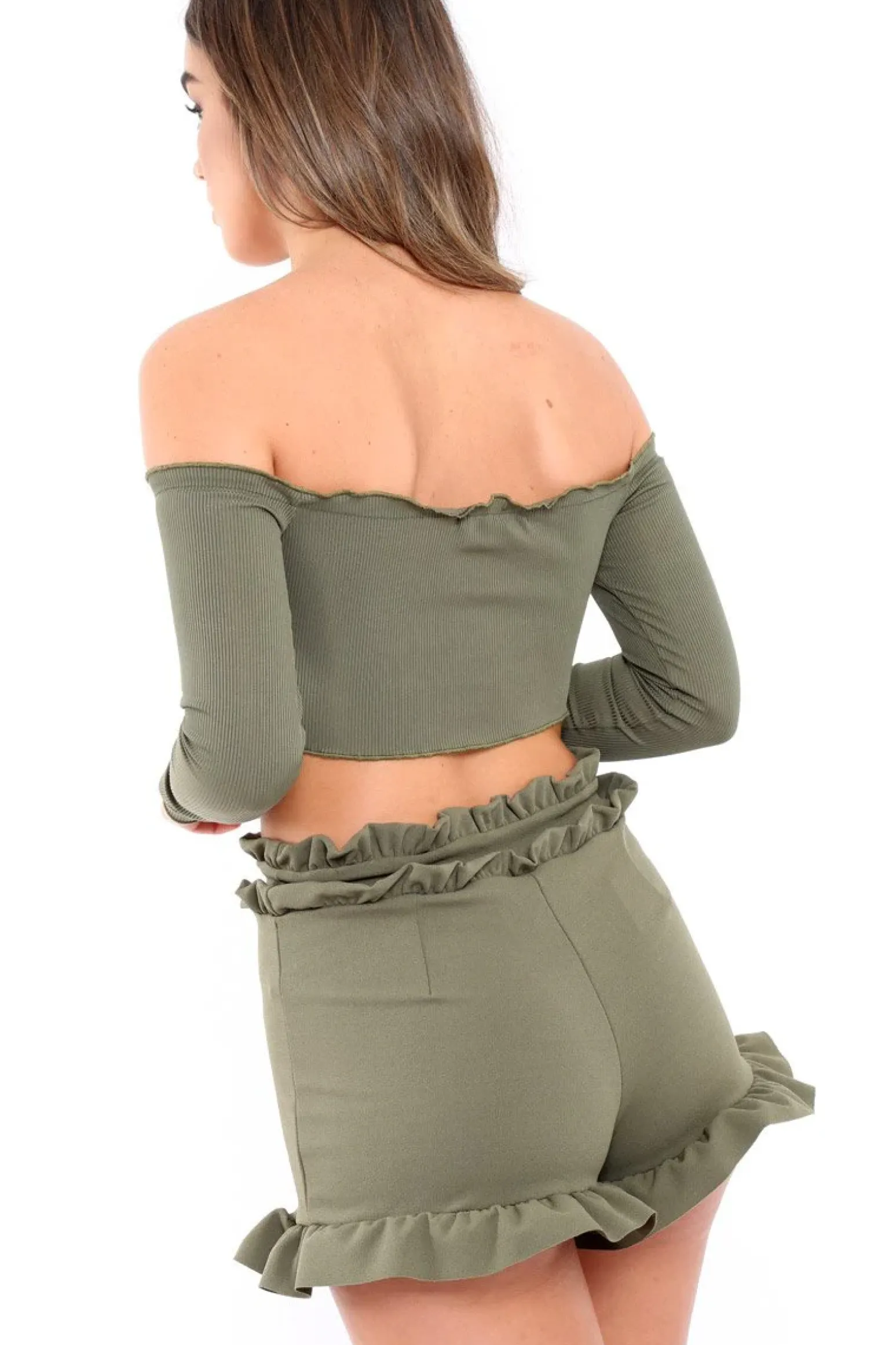 Rebellious Fashion Khaki Ribbed Frill Bardot Crop Top - Cassidy