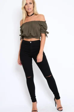 Rebellious Fashion Khaki Ribbed Frill Gypsy Top - Maysia