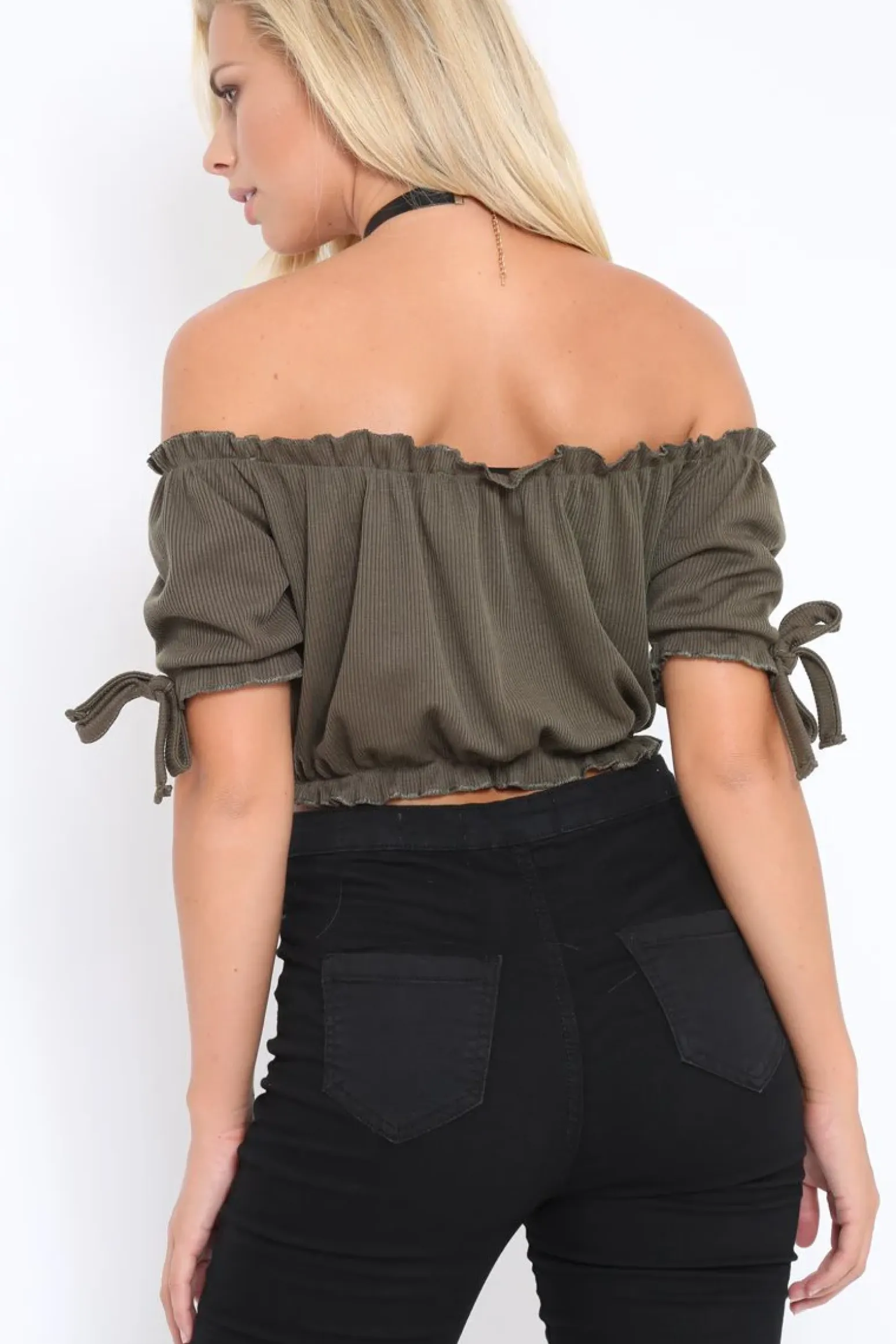 Rebellious Fashion Khaki Ribbed Frill Gypsy Top - Maysia