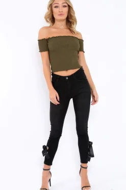 Rebellious Fashion Khaki Ribbed Frill Hem Bardot Crop Top - Adelle