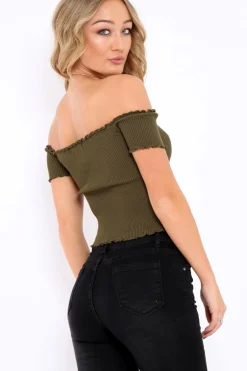 Rebellious Fashion Khaki Ribbed Frill Hem Bardot Crop Top - Adelle