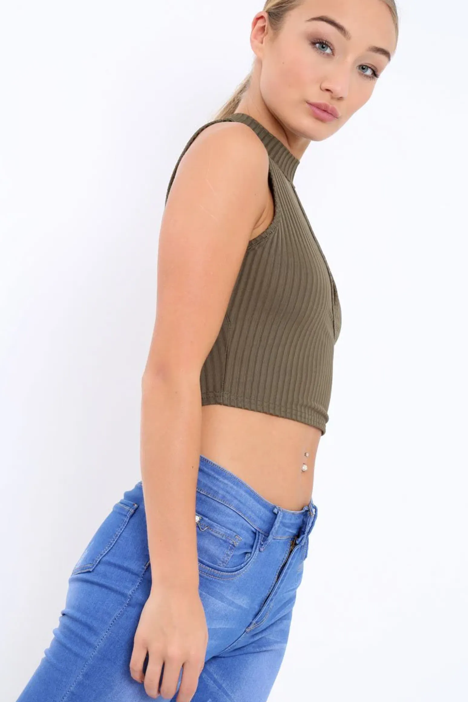 Rebellious Fashion Khaki Ribbed High Neck Crop Top - Kamira