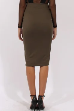 Rebellious Fashion Khaki Ribbed High Waisted Midi Skirt - Della