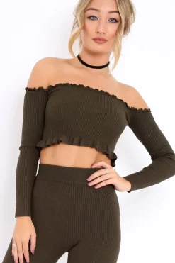 Rebellious Fashion Khaki Ribbed Knit Co-ord - Luna