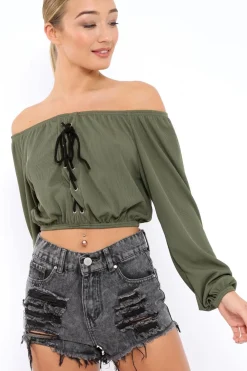 Rebellious Fashion Khaki Ribbed Lace Up Bardot Crop Top - Sara