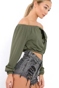 Rebellious Fashion Khaki Ribbed Lace Up Bardot Crop Top - Sara