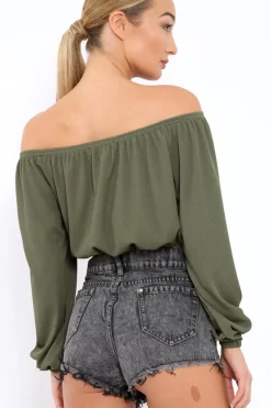 Rebellious Fashion Khaki Ribbed Lace Up Bardot Crop Top - Sara