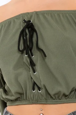 Rebellious Fashion Khaki Ribbed Lace Up Bardot Crop Top - Sara