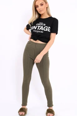 Rebellious Fashion Khaki Ribbed Leggings - Penelope