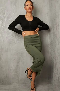 Rebellious Fashion Khaki Ribbed Midi Skirt - Dixie