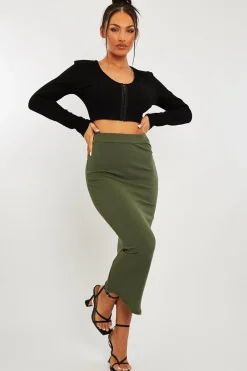 Rebellious Fashion Khaki Ribbed Midi Skirt - Dixie
