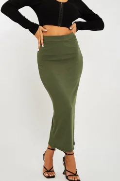 Rebellious Fashion Khaki Ribbed Midi Skirt - Dixie