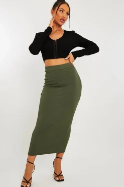 Rebellious Fashion Khaki Ribbed Midi Skirt - Dixie
