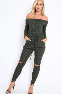 Rebellious Fashion Khaki Ribbed Rip Knee Jumpsuit - Chyna