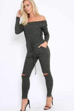 Rebellious Fashion Khaki Ribbed Rip Knee Jumpsuit - Chyna