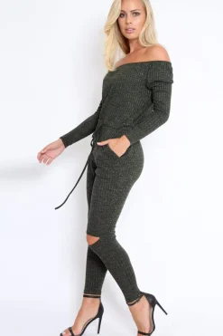 Rebellious Fashion Khaki Ribbed Rip Knee Jumpsuit - Chyna