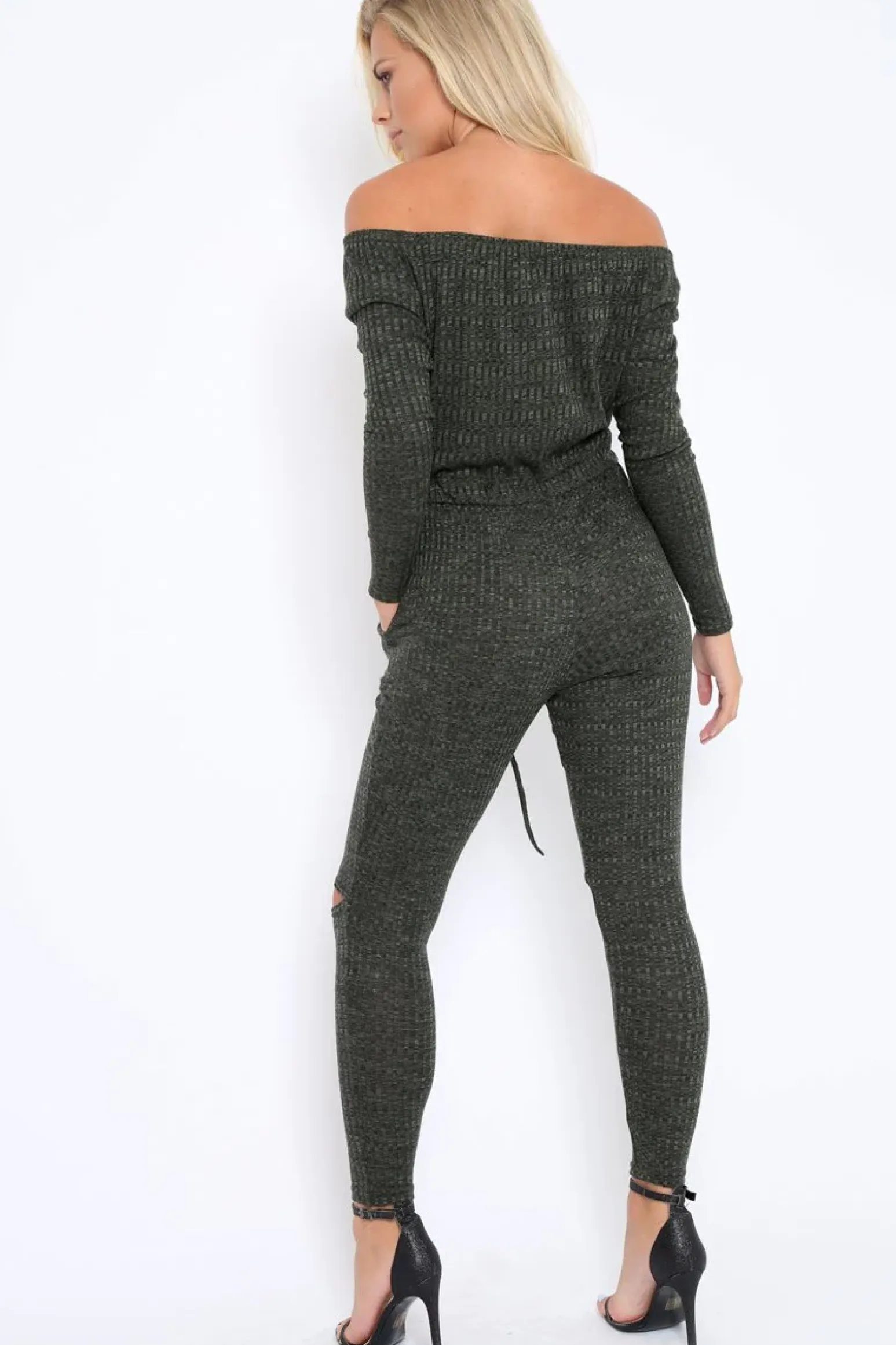 Rebellious Fashion Khaki Ribbed Rip Knee Jumpsuit - Chyna
