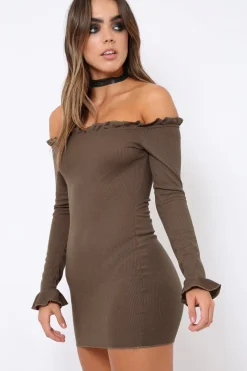 Rebellious Fashion Khaki Ribbed Ruffle Long Sleeve Bardot Dress - Madison