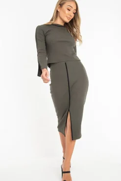 Rebellious Fashion Khaki Rib Contrast Piping Jumper Midi Skirt Co-Ord - Eloise