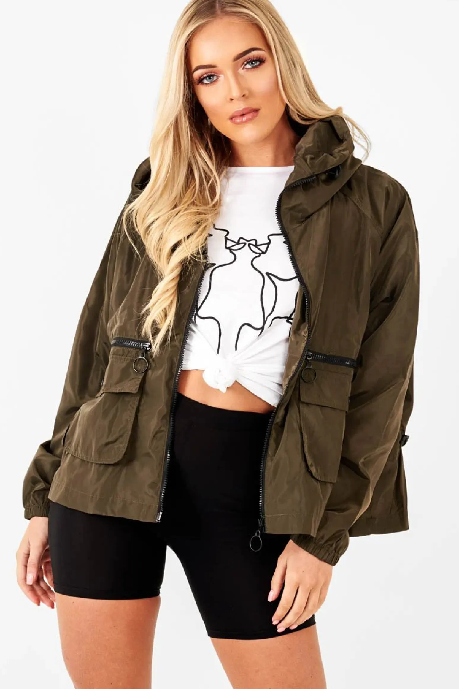 Rebellious Fashion Khaki Ring Pull Zip Front Windbreaker Jacket - Tesla