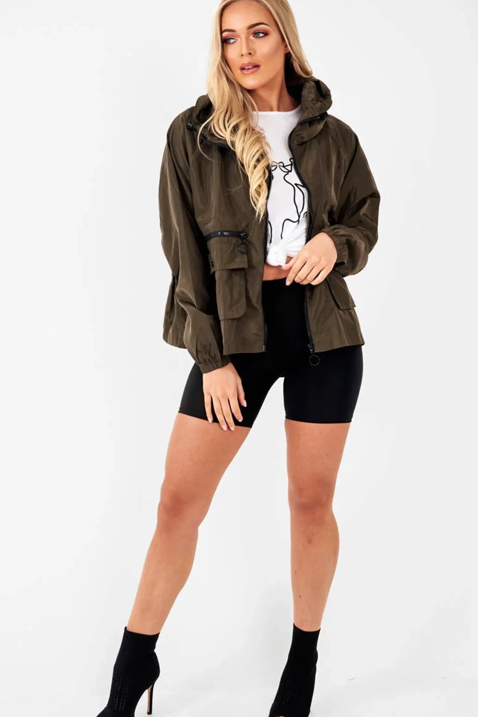 Rebellious Fashion Khaki Ring Pull Zip Front Windbreaker Jacket - Tesla