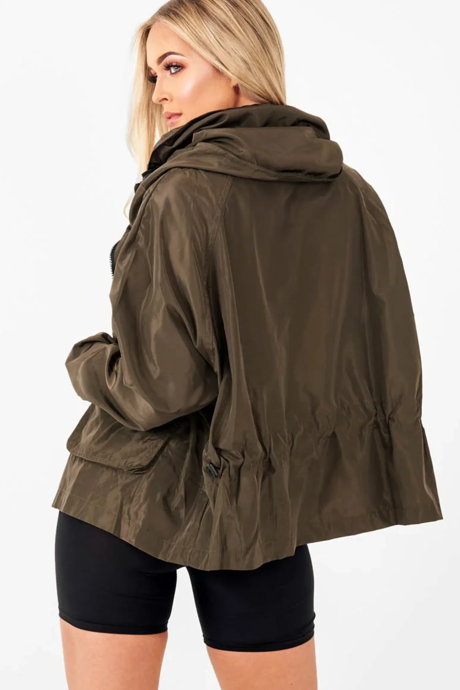 Rebellious Fashion Khaki Ring Pull Zip Front Windbreaker Jacket - Tesla