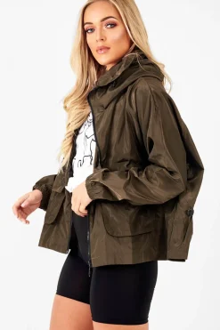Rebellious Fashion Khaki Ring Pull Zip Front Windbreaker Jacket - Tesla